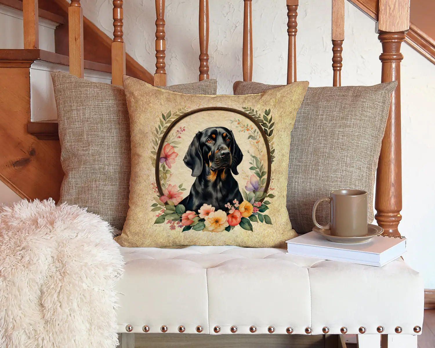 Black and Tan Coonhound and Flowers Throw Pillow