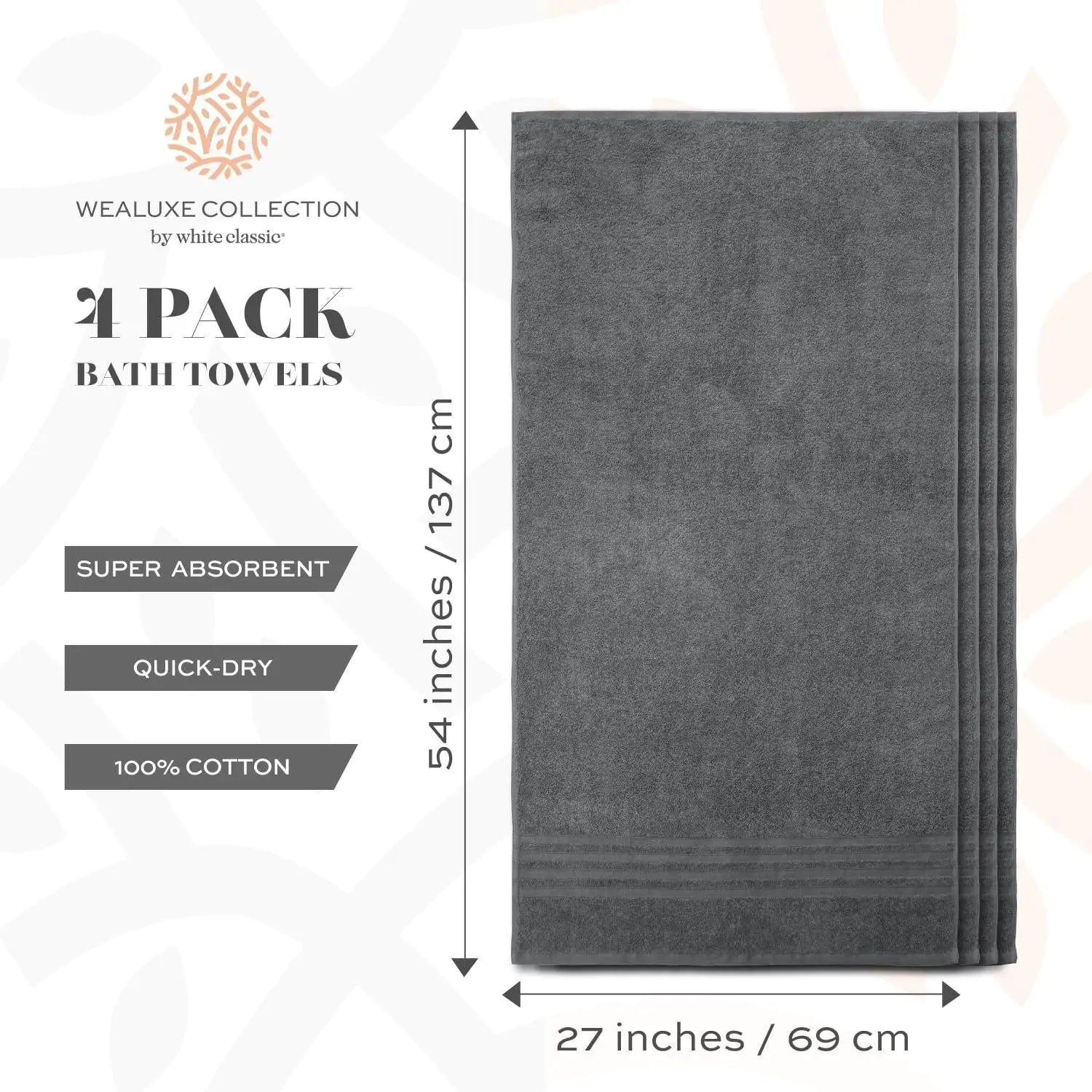 Wealuxe Grey Bath Towels Set of 4 Cotton 27x54 Inch Body Towel for Hotel Gym