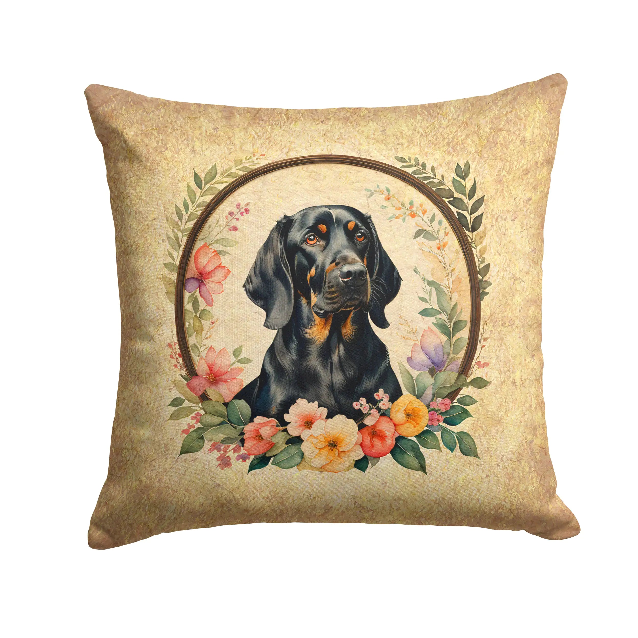 Black and Tan Coonhound and Flowers Throw Pillow