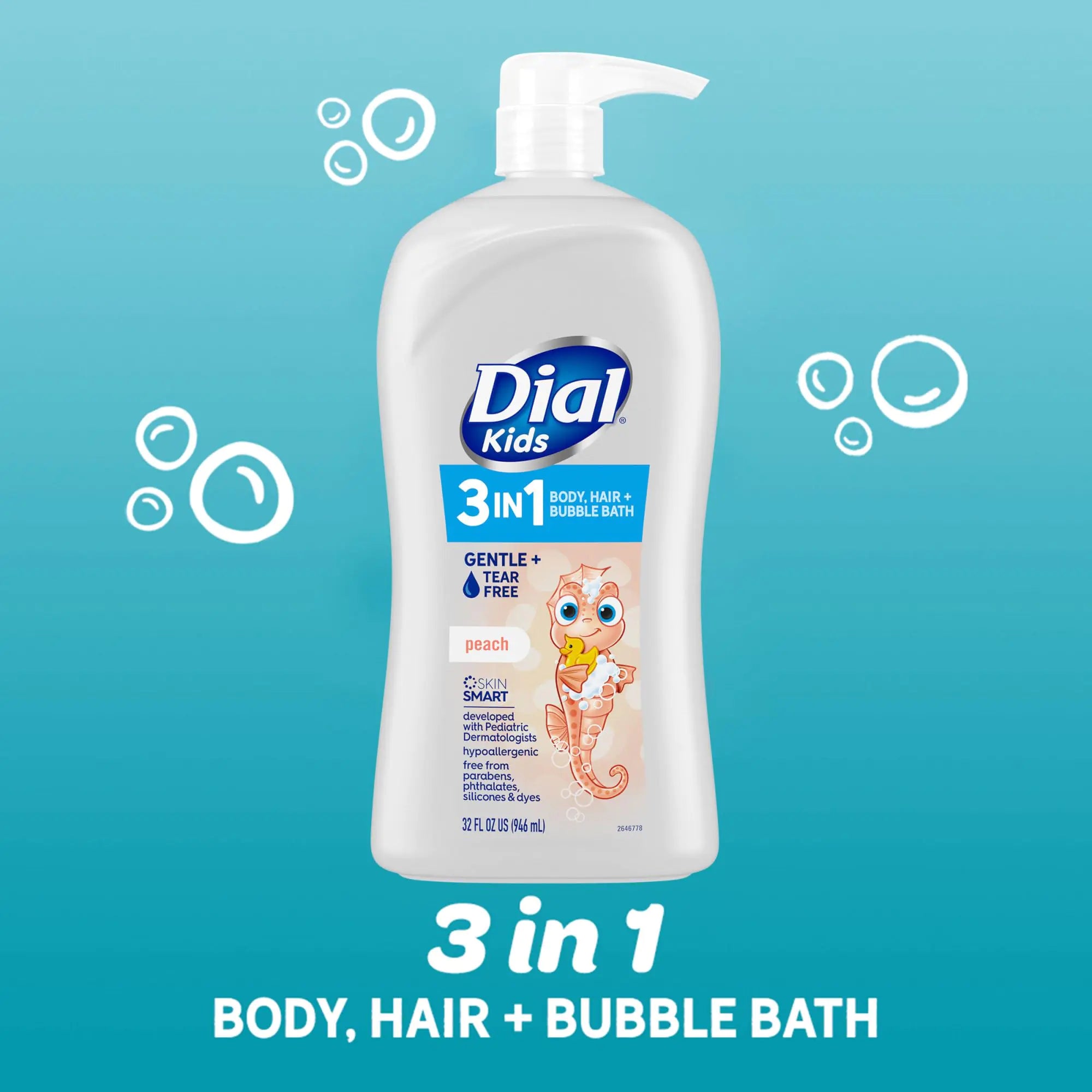 Dial Kids 3-in-1 Body+Hair+Bubble Bath, Peach, 32 fl oz 32 Fl Oz (Pack of 1)