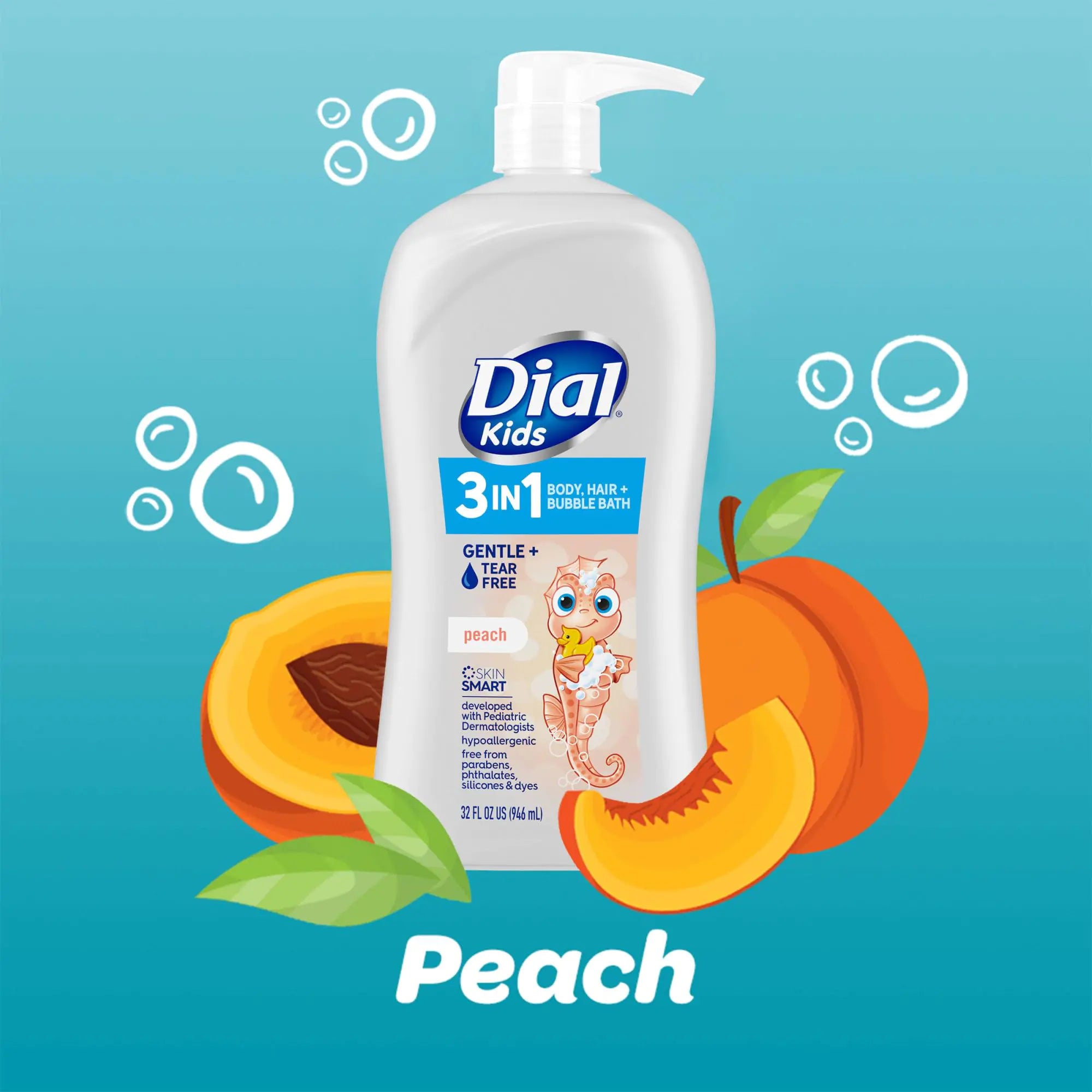 Dial Kids 3-in-1 Body+Hair+Bubble Bath, Peach, 32 fl oz 32 Fl Oz (Pack of 1)