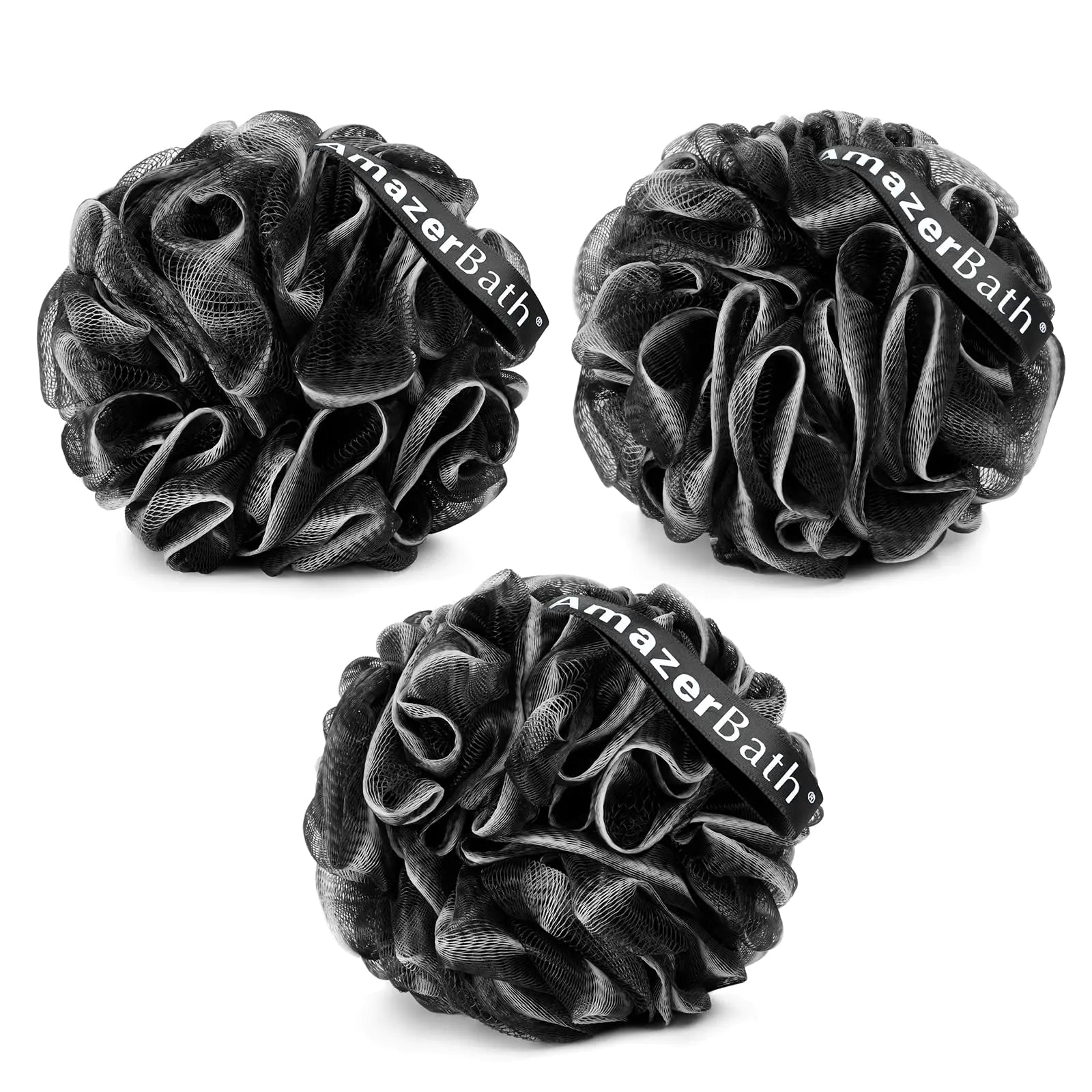 AmazerBath Loofah Sponge, Shower Loofah for Men and Women - Body Scrubber Loofa Set of 3 Classic Black & White Edge, Bath Sponge 60g/PCS 3.0