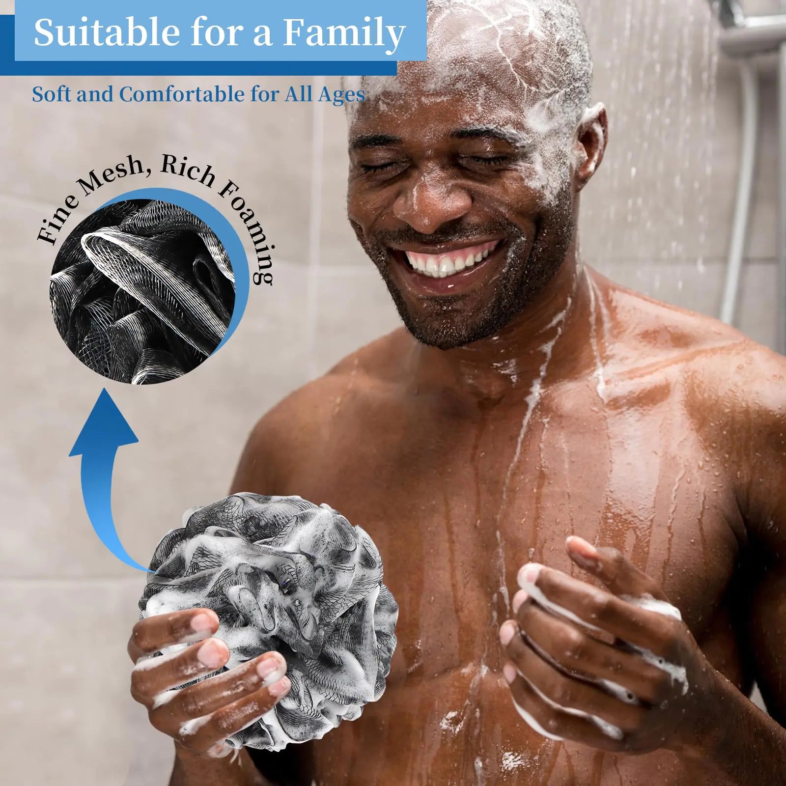 Bath Loofah Shower Sponge Body Back Scrubber Soft Mesh Shower Puffs Exfoliating Loofa for Women & Men Bath Accessories Cleaning Tool (4Pack 60G Black, Charcoal Black) 1 Count (Pack of 4)