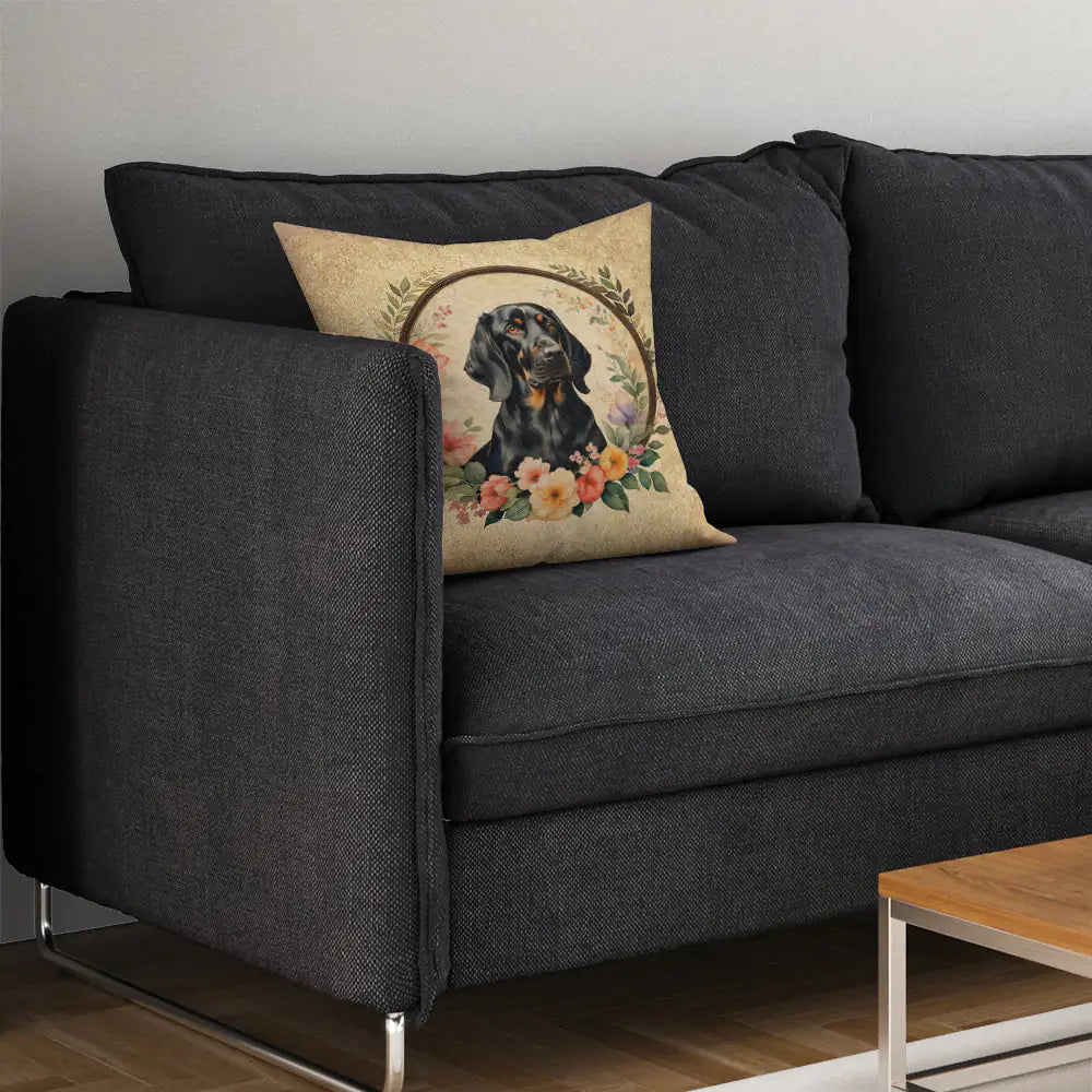 Black and Tan Coonhound and Flowers Throw Pillow