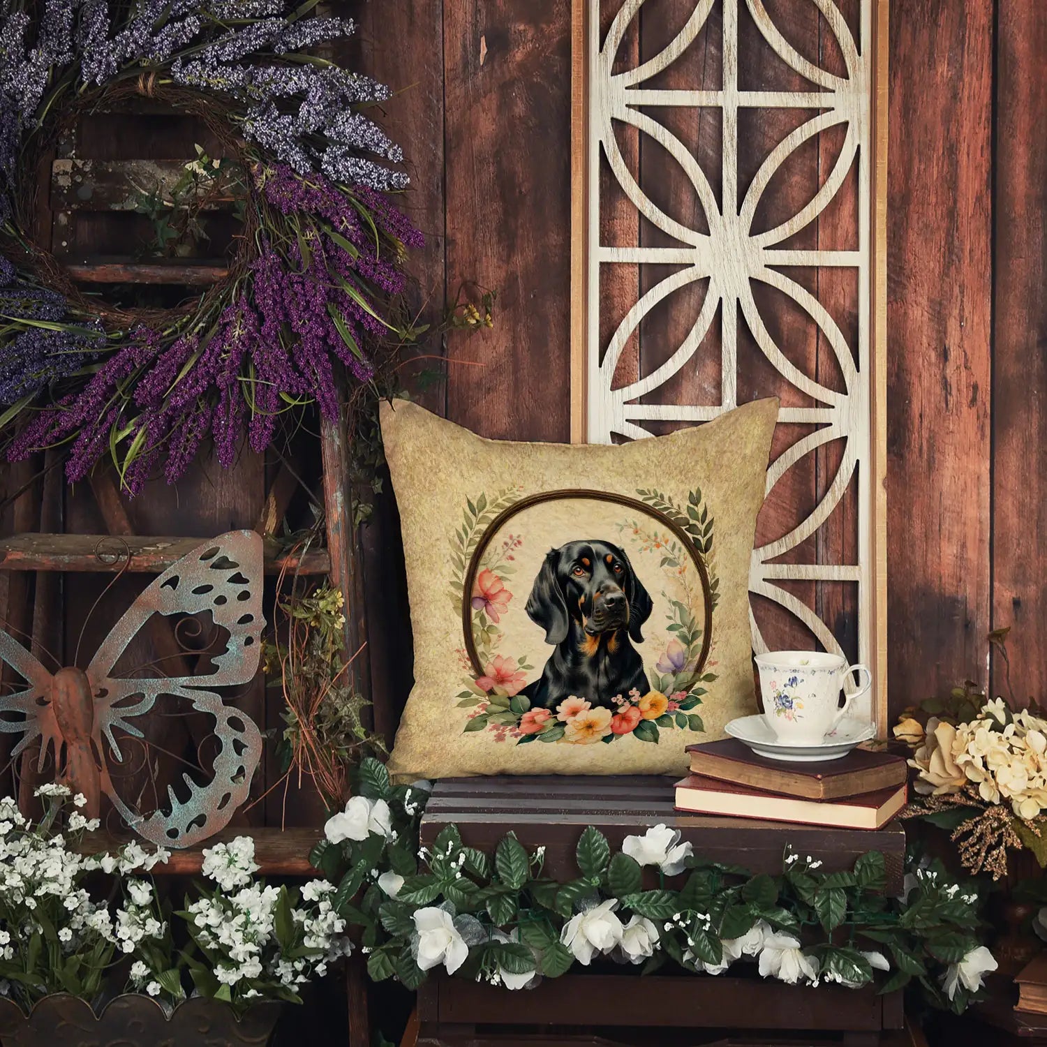 Black and Tan Coonhound and Flowers Throw Pillow