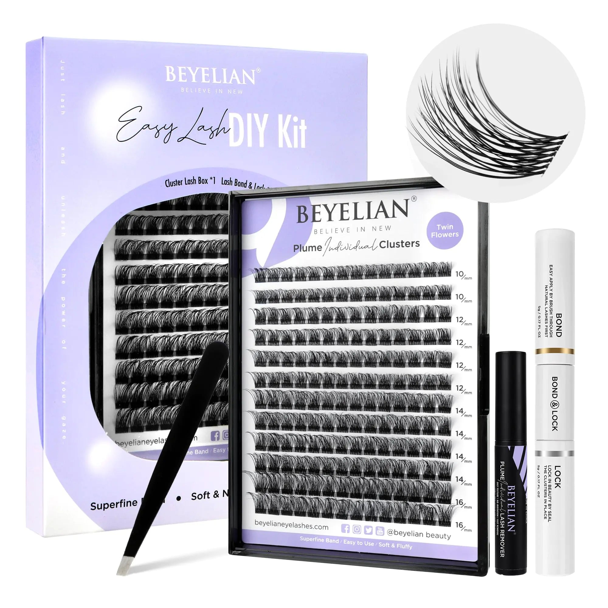 BEYELIAN DIY Lash Extension Kit with 168 Pcs D+ Cluster Lashes Kit Lash Clusters Lash Bond and Seal Lash Remover and Eyelash Applicator for Beginner DIY at Home (Style3, Clear Band) DIY Lash Kit 703 D+ Curl Clear