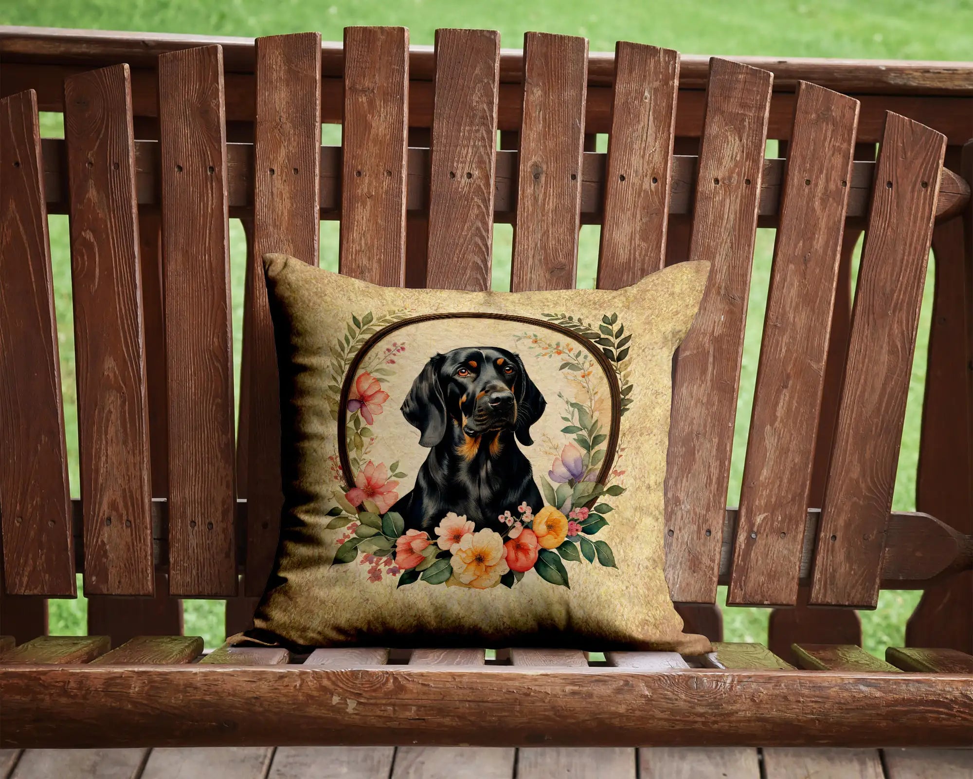 Black and Tan Coonhound and Flowers Throw Pillow