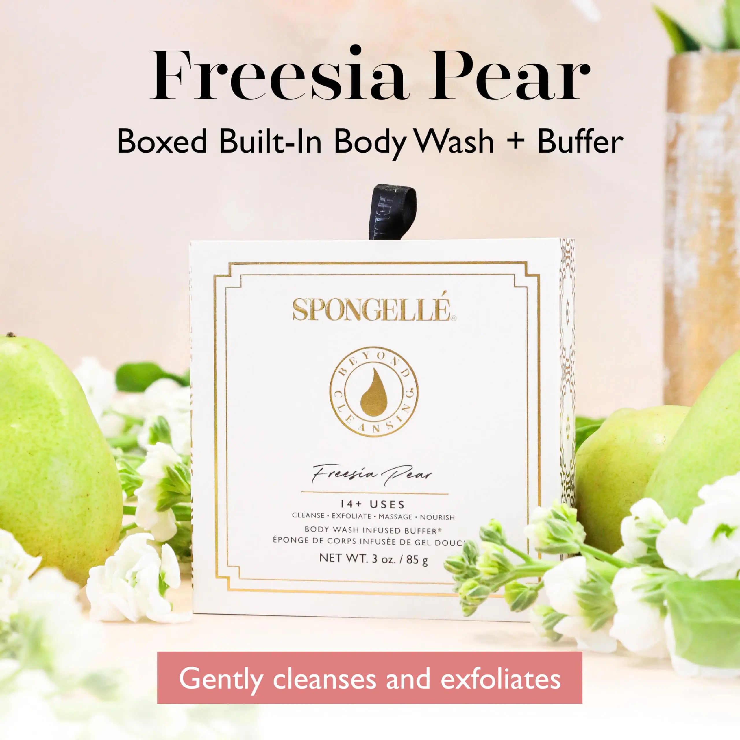 Spongelle Freesia Pear Wild Flower Buffer Body Scrubber with Box | Bath & Shower Loofah for Women | Exfoliator with Body Wash Infused | 14+ uses