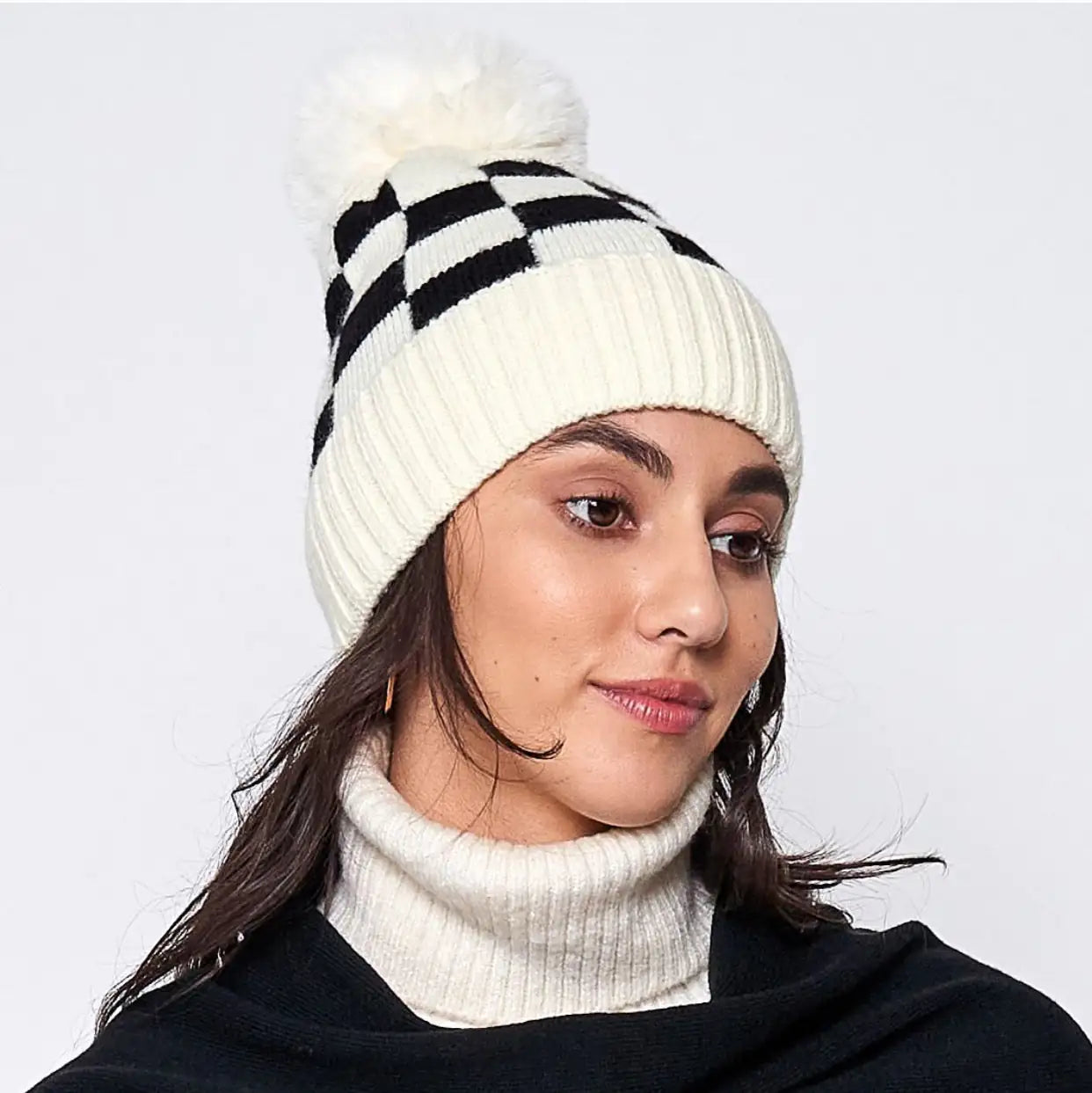 Fashion Week Checkered Pom Beanie