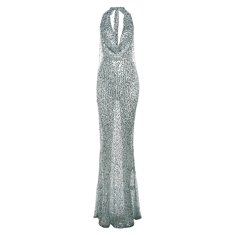 Women's Sequin Halter Fishtail Dress