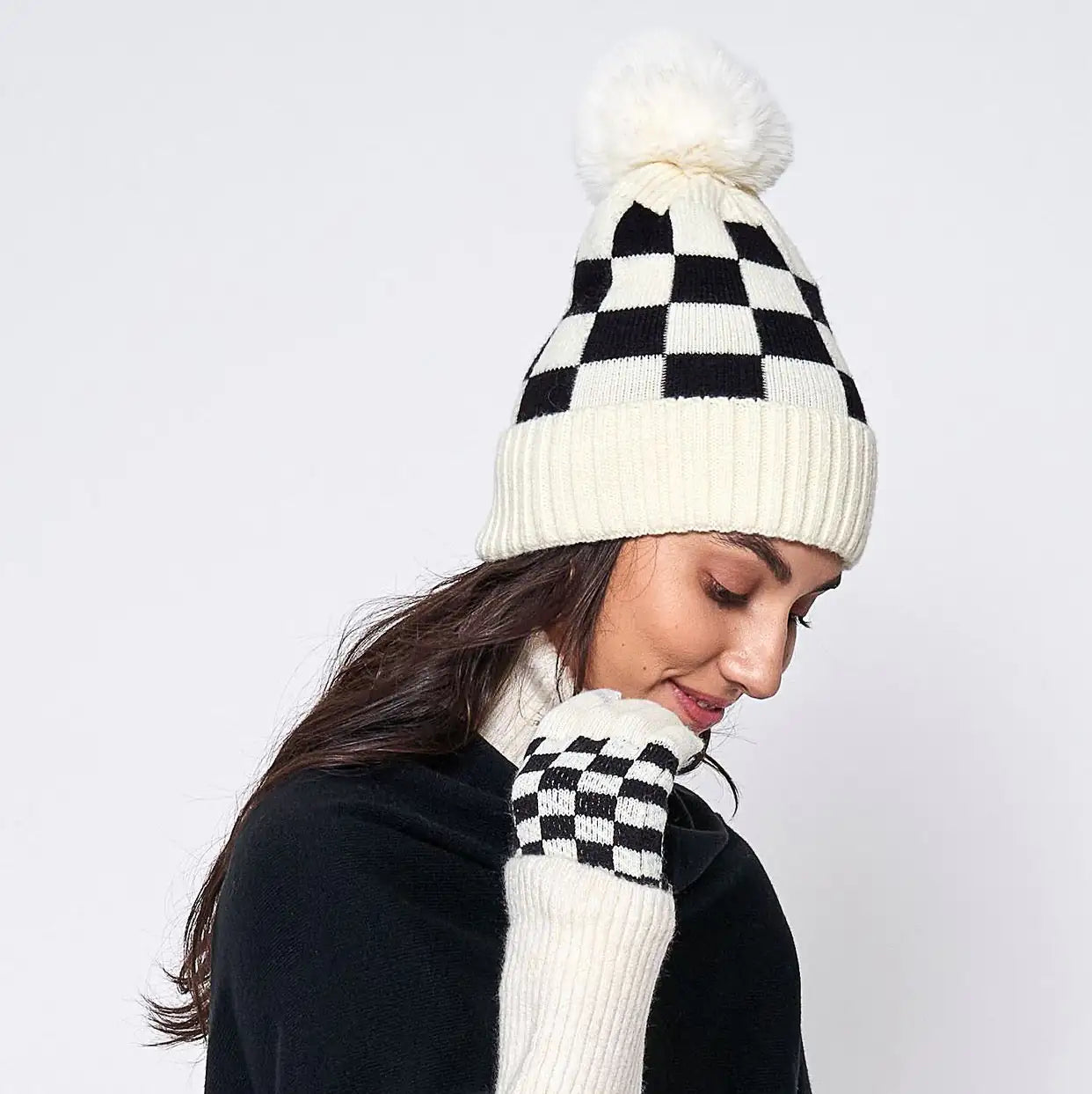 Fashion Week Checkered Pom Beanie