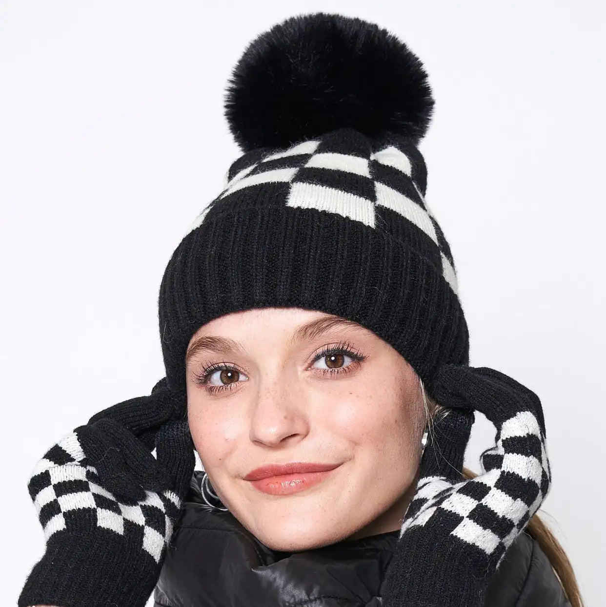 Fashion Week Checkered Pom Beanie